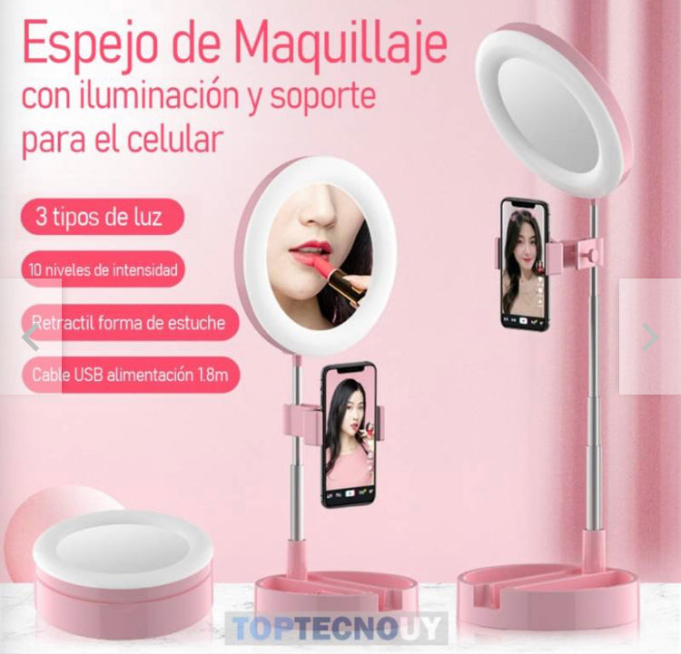 ARO LED ESPEJO CON SOPORTE PARA CELULAR